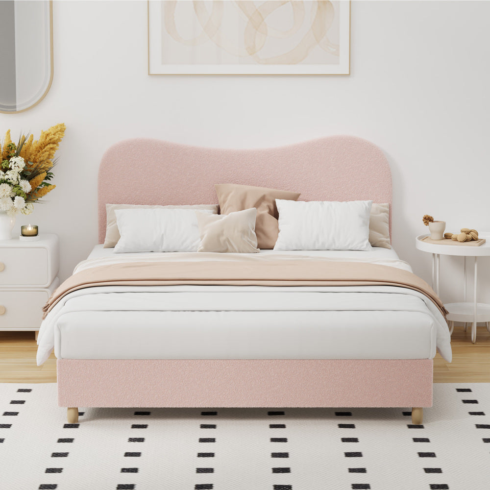 Oikiture Bed Frame Double Size Pink Boucle Cloud Shape-Bed Frame-PEROZ Accessories