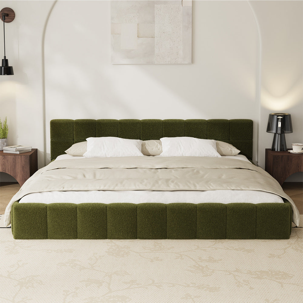 Oikiture Bed Frame King Size Tufted Headboard Green Boucle-Bed Frame-PEROZ Accessories