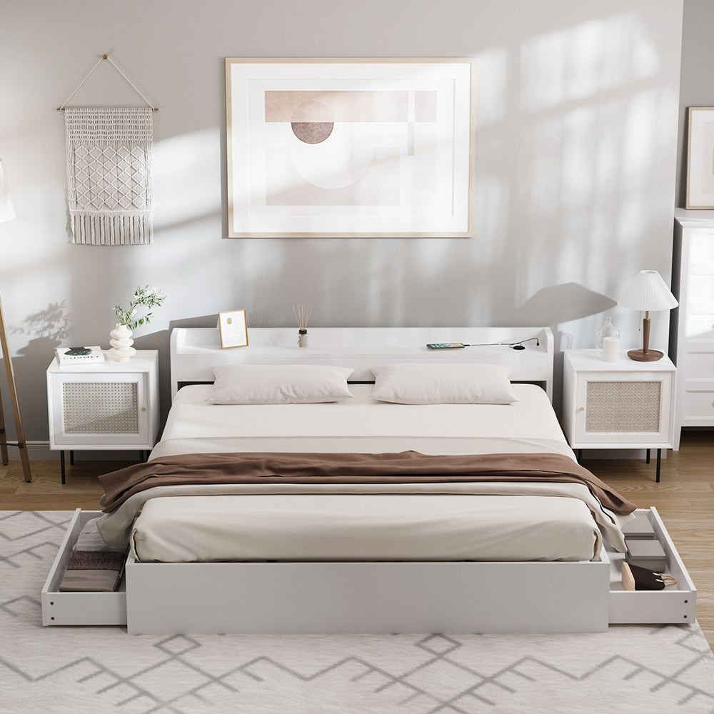 Oikiture Bed Frame King Size with 2 Drawers Charging Ports White-Bed Frame-PEROZ Accessories
