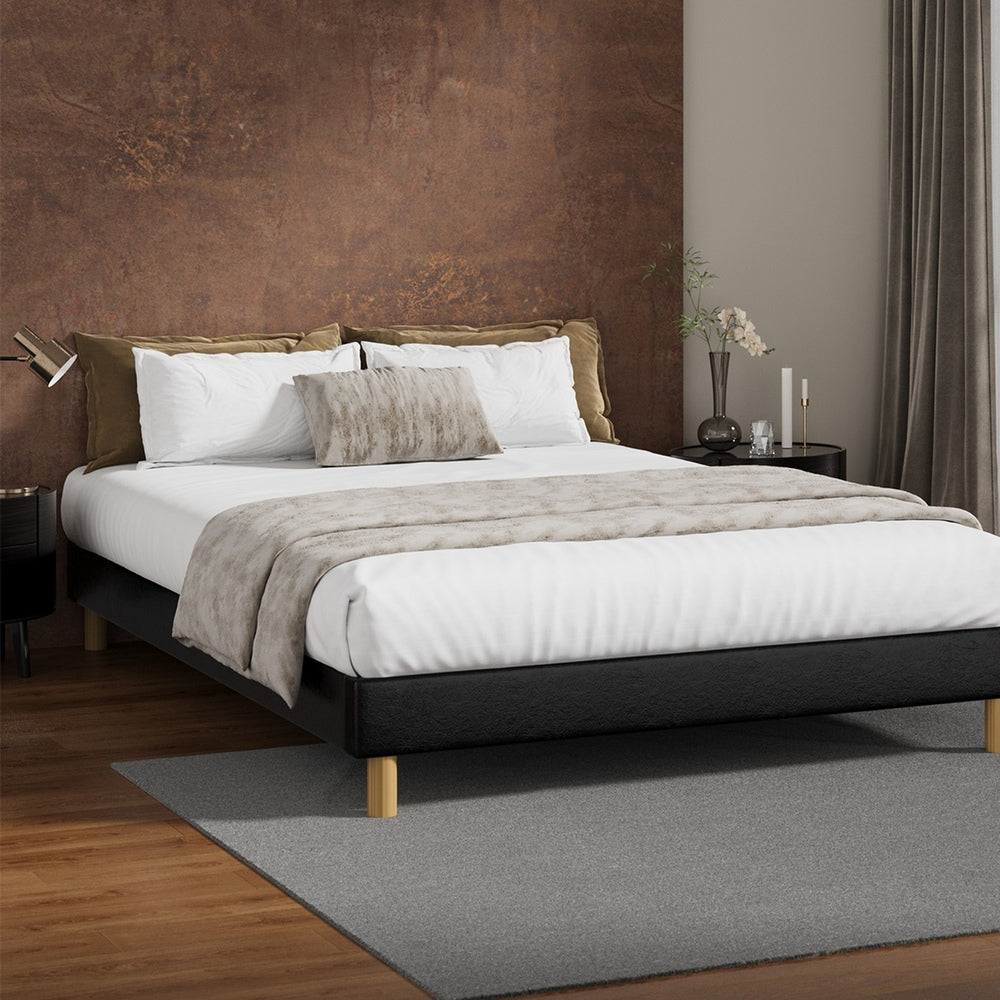 Oikiture Bed Frame Queen Size Bed Base Black Leather-Bed Frame-PEROZ Accessories