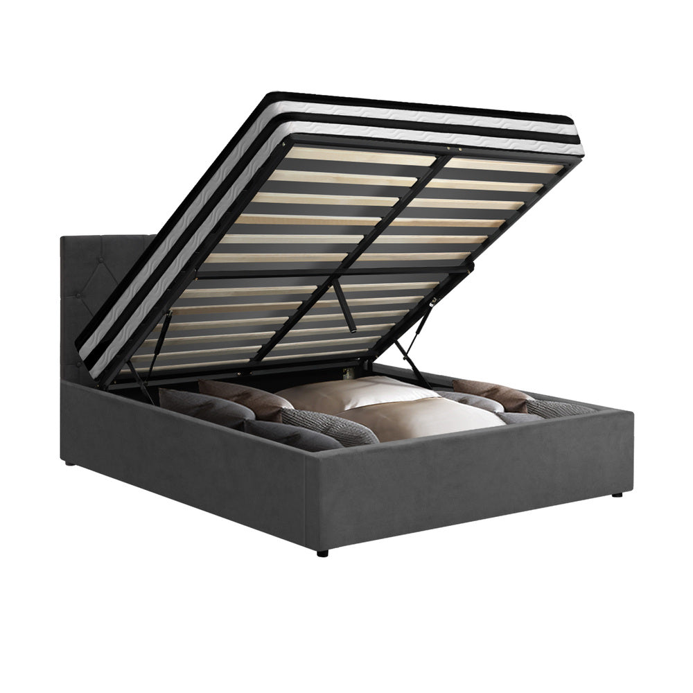 Oikiture Bed Frame Queen Size Gas Lift Base with Mattress Velvet Grey-Bed Frame-PEROZ Accessories