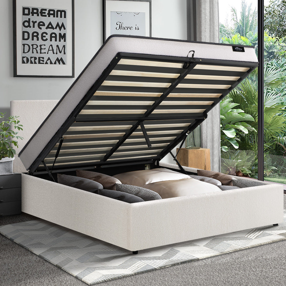 Oikiture Bed Frame Queen Size Gas Lift Boucle Beds With Mattress Set-Bed Frame-PEROZ Accessories