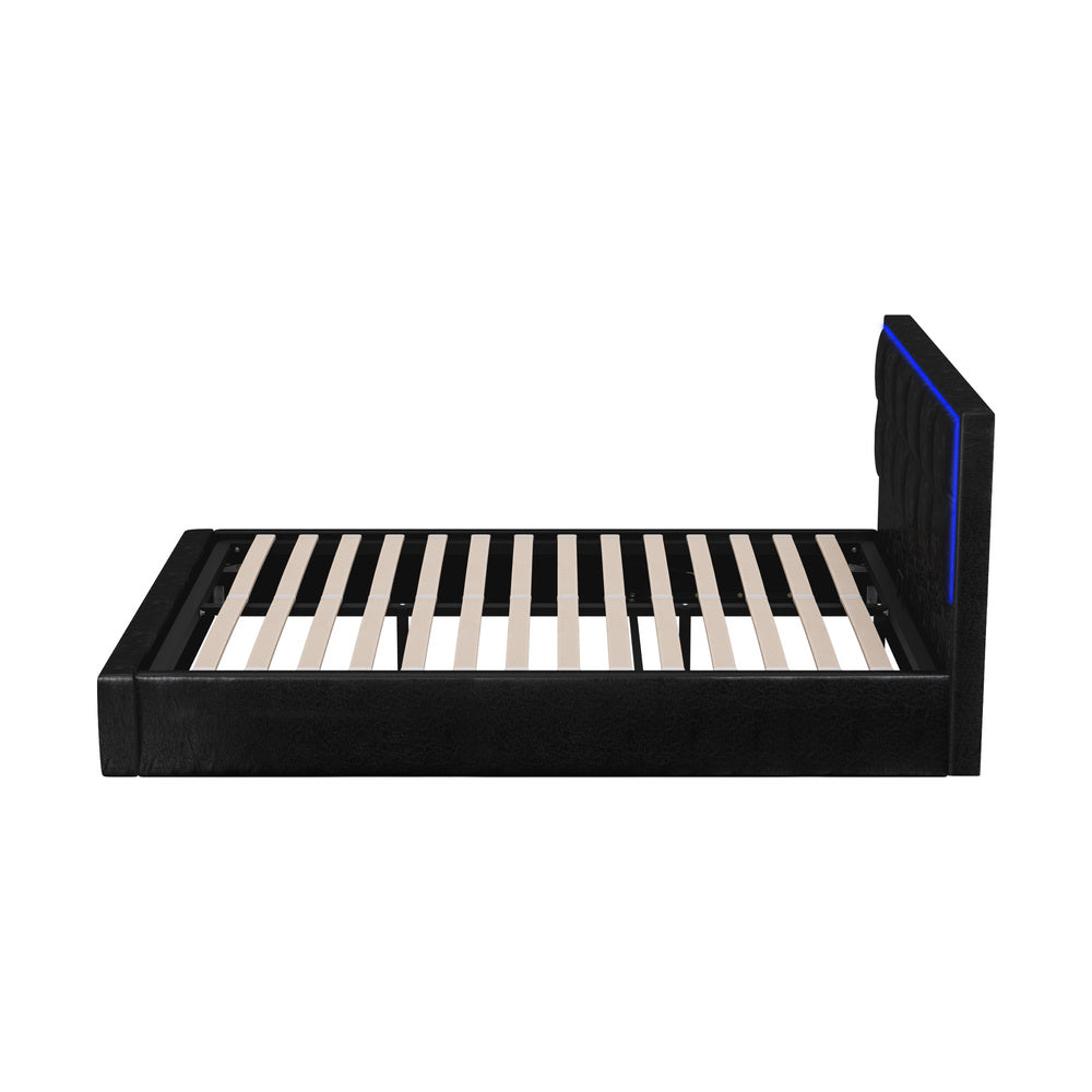 Oikiture Bed Frame Queen Size RGB LED Gas Lift Storage Base Leather-Bed Frame-PEROZ Accessories