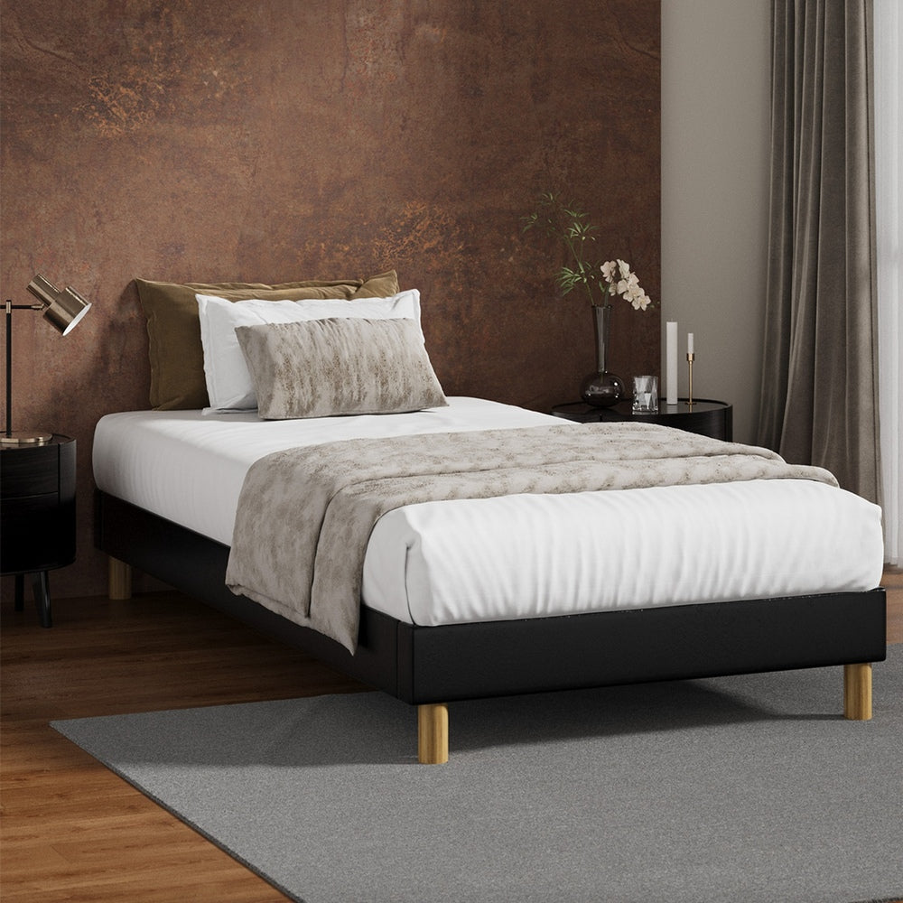 Oikiture Bed Frame Single Size Bed Base Black Leather-Bed Frame-PEROZ Accessories