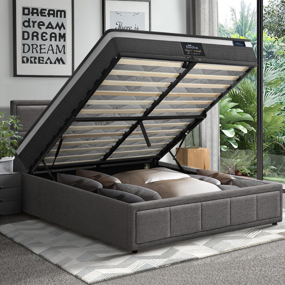 Oikiture Bed Frame With Mattress Set Queen Size Gas Lift Grey BOSS-Bed Frame-PEROZ Accessories