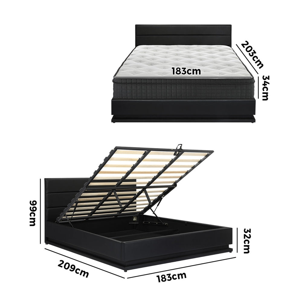 Oikiture Bed Frame with Mattress King Size LED Gas Lift Black LAYZ-Bed Frame-PEROZ Accessories