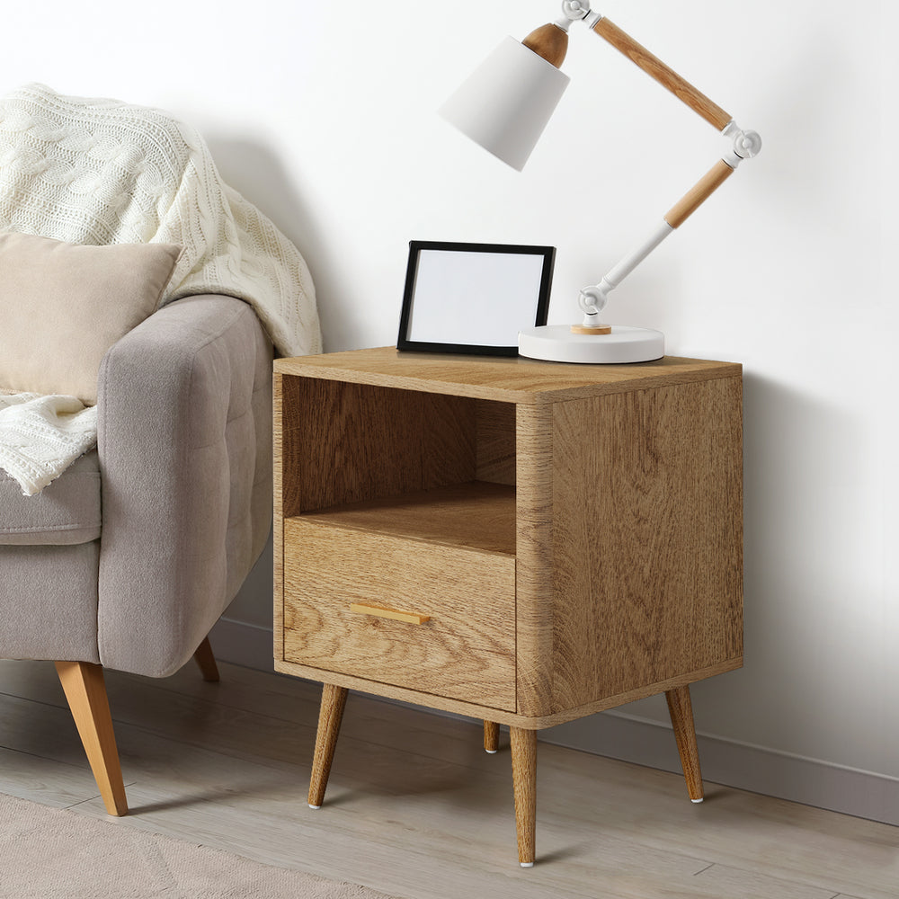 Oikiture Bedside Table 1 Drawer Open Shelf Nightstand Natural-Bedside Tables-PEROZ Accessories