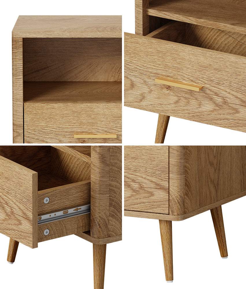 Oikiture Bedside Table 1 Drawer Open Shelf Nightstand Natural-Bedside Tables-PEROZ Accessories