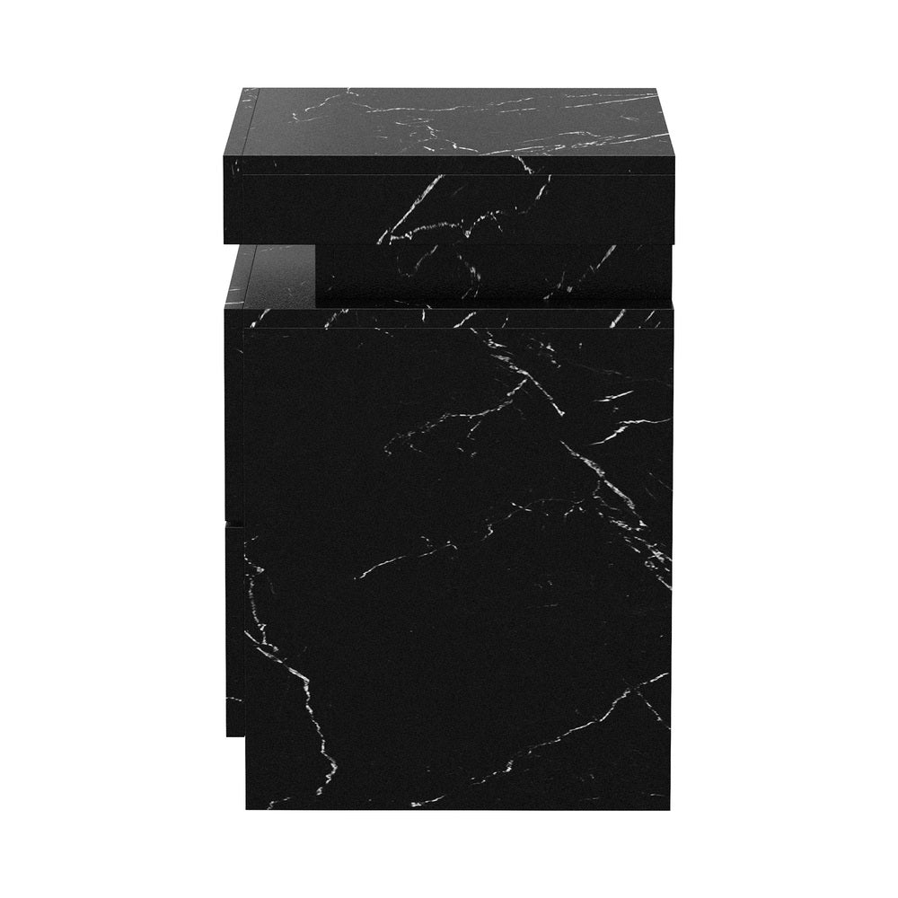 Oikiture Bedside Table 2 Drawers LED Nightstand Marble Effect Black-Bedside Table-PEROZ Accessories