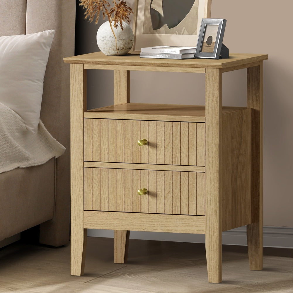 Oikiture Bedside Table 2 Drawers Open Shelf Nightstand Natural-Bedside Tables-PEROZ Accessories