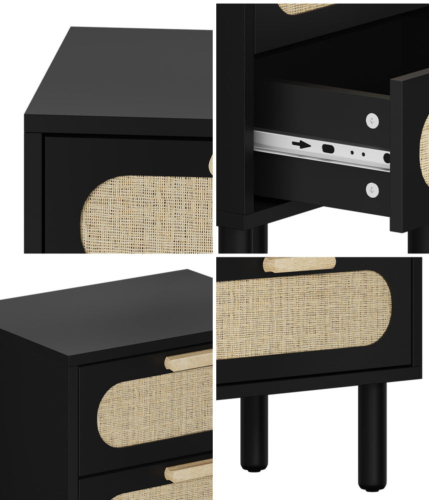 Oikiture Bedside Table 2 Drawers Rattan Black-Bedside Table-PEROZ Accessories