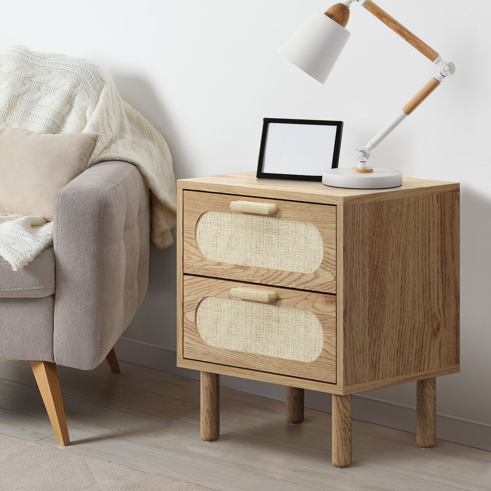 Oikiture Bedside Table 2 Drawers Rattan Natural-Bedside Table-PEROZ Accessories