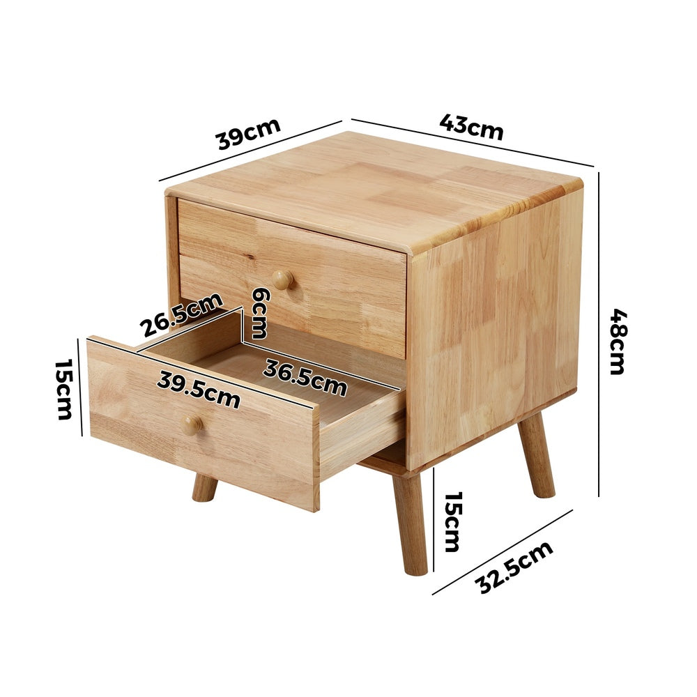 Oikiture Bedside Table 2 Drawers Storage Rubber Wood-Bedside Table-PEROZ Accessories