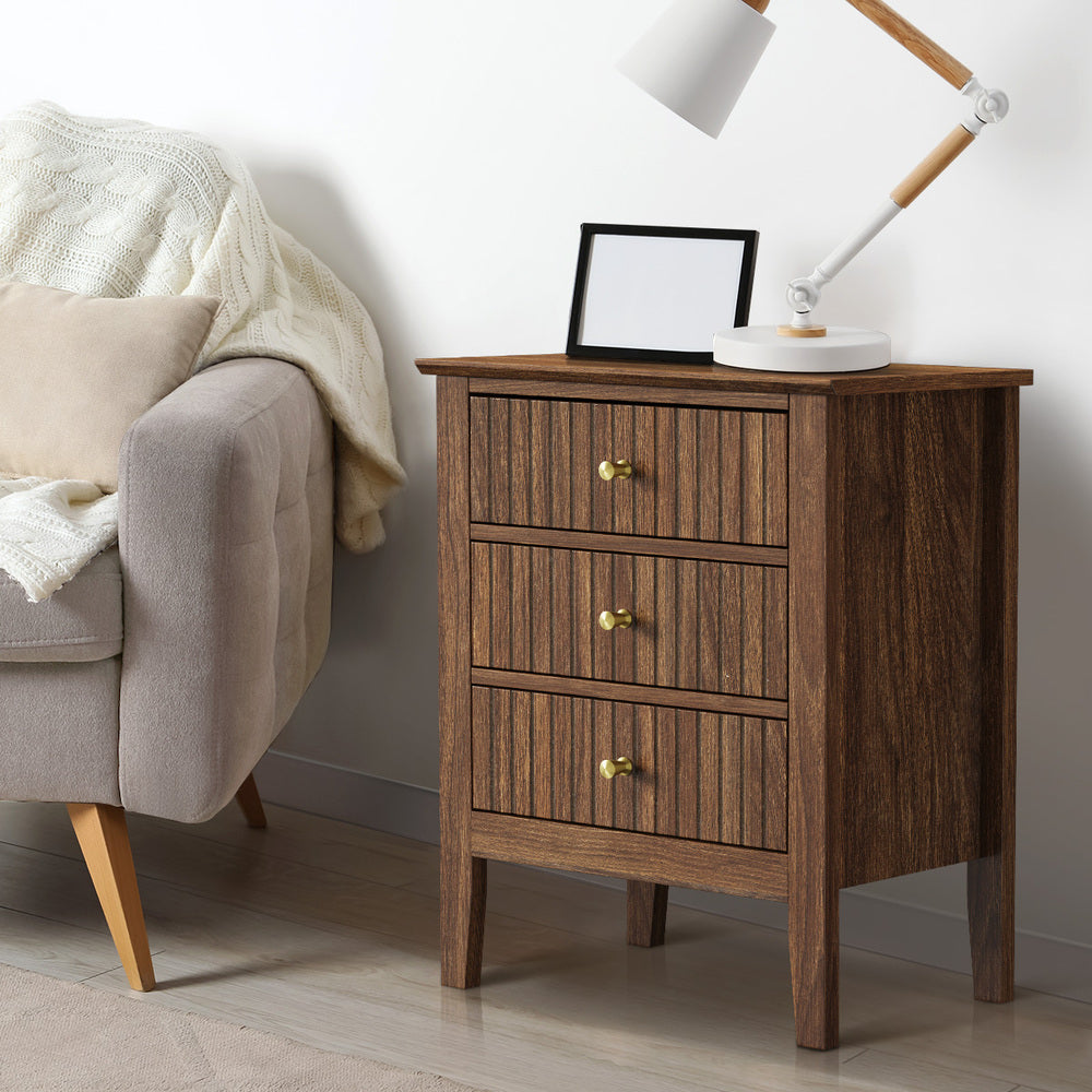 Oikiture Bedside Table 3 Drawers Side End Nightstand Walnut-Bedside Table-PEROZ Accessories