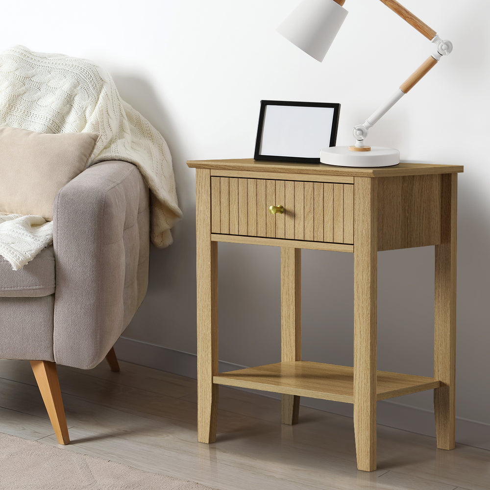 Oikiture Bedside Table with 1 Drawer Open Shelf Nightstand Natural-Bedside Tables-PEROZ Accessories