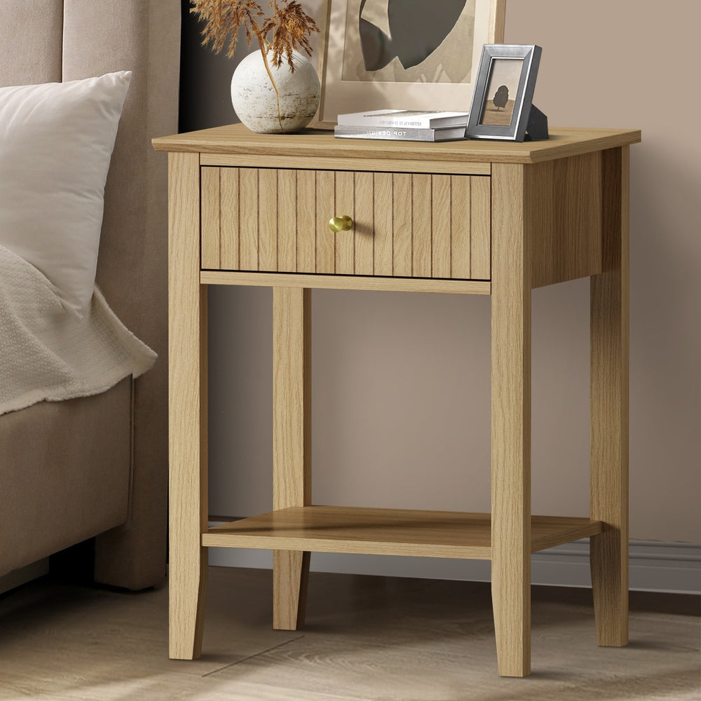 Oikiture Bedside Table with 1 Drawer Open Shelf Nightstand Natural-Bedside Tables-PEROZ Accessories