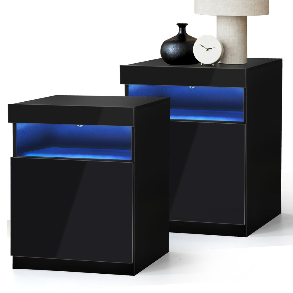 Oikiture Bedside Tables Set of 2 LED Nightstand Black-Bedside Table-PEROZ Accessories