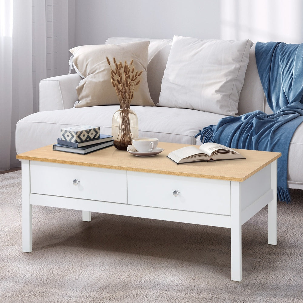 Oikiture Coffee Table Storage Drawers Natural White-Coffee Table-PEROZ Accessories