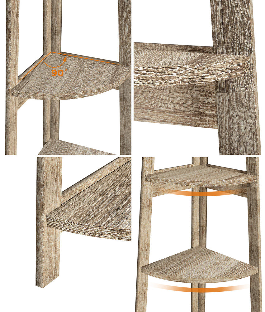 Oikiture Corner Ladder Shelf 5 Tier Display Stand Bookshelf Natural-Bookshelf-PEROZ Accessories