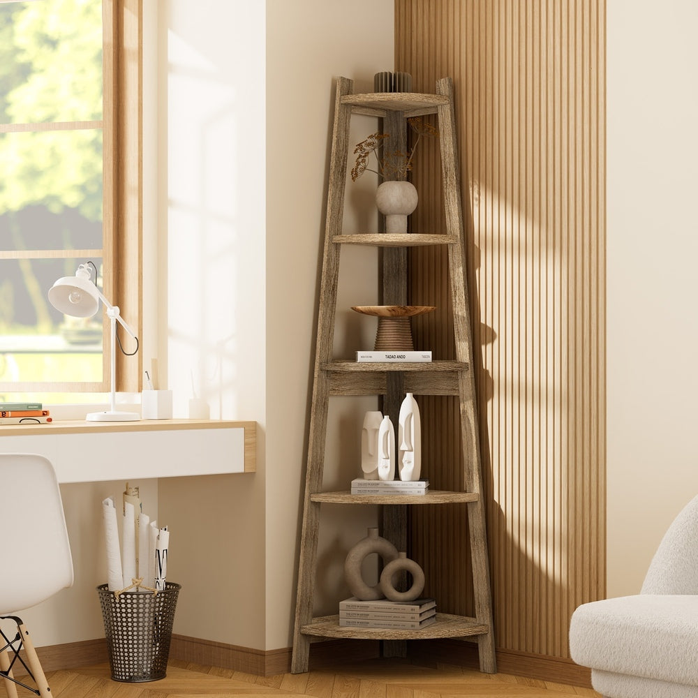 Oikiture Corner Ladder Shelf 5 Tier Display Stand Bookshelf Natural-Bookshelf-PEROZ Accessories