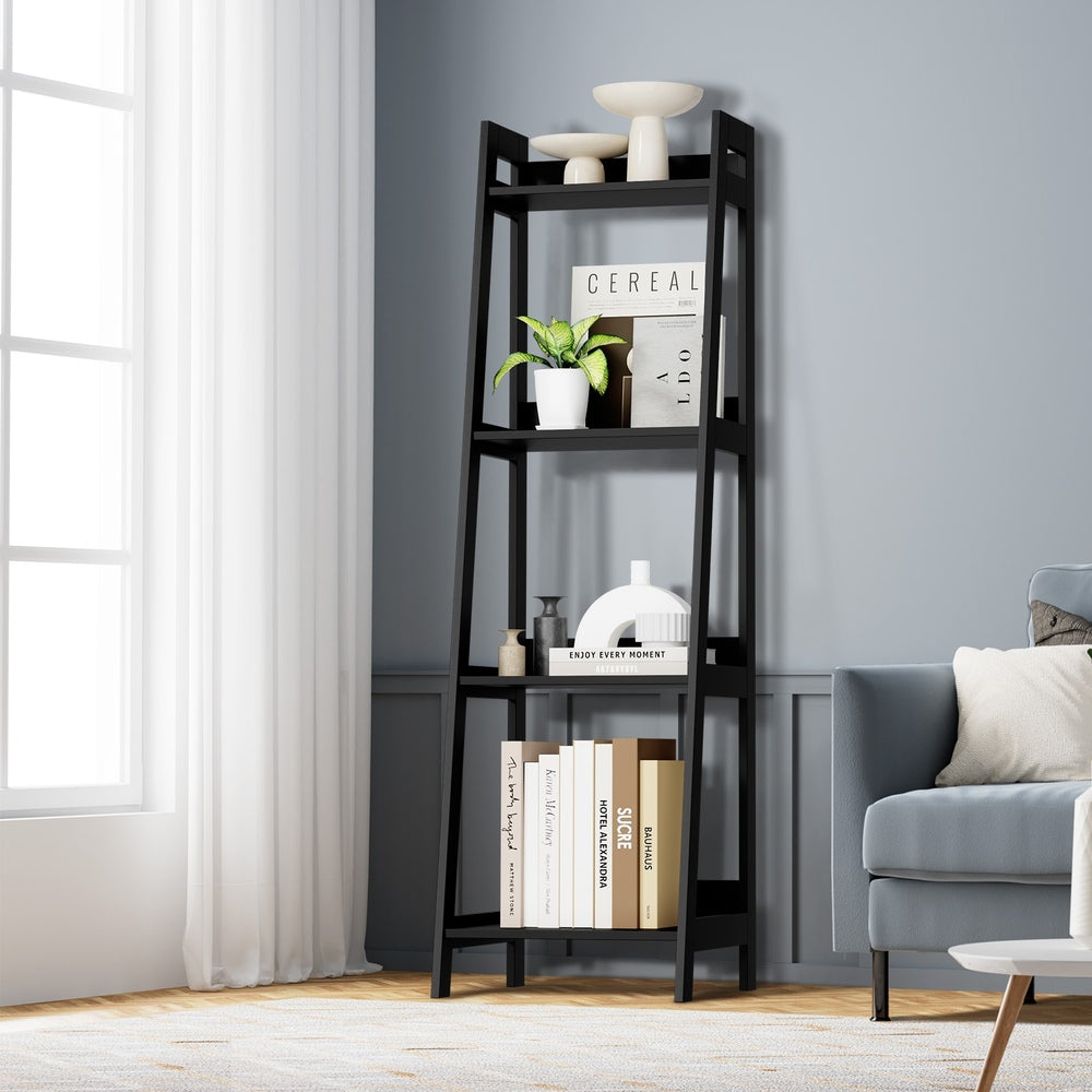 Oikiture Display Shelf 4 Tier Corner Ladder Shelves Black-Bookshelf-PEROZ Accessories
