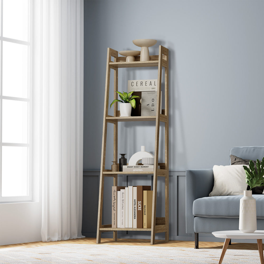Oikiture Display Shelf 4 Tier Corner Ladder Shelves Natural-Bookshelf-PEROZ Accessories
