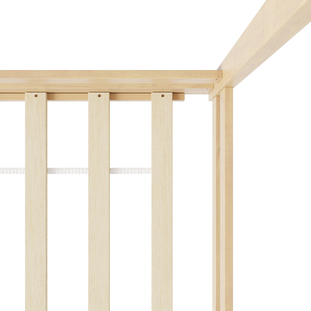Oikiture Double Kids Wooden Bed Frame House Beds with Fence Natural-Wooden Bed Frame-PEROZ Accessories