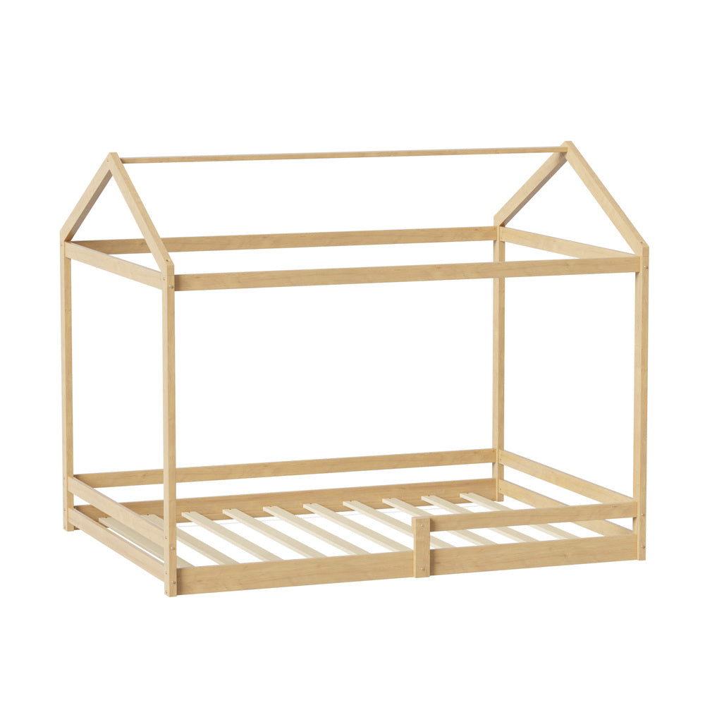 Oikiture Double Kids Wooden Bed Frame House Beds with Fence Natural-Wooden Bed Frame-PEROZ Accessories