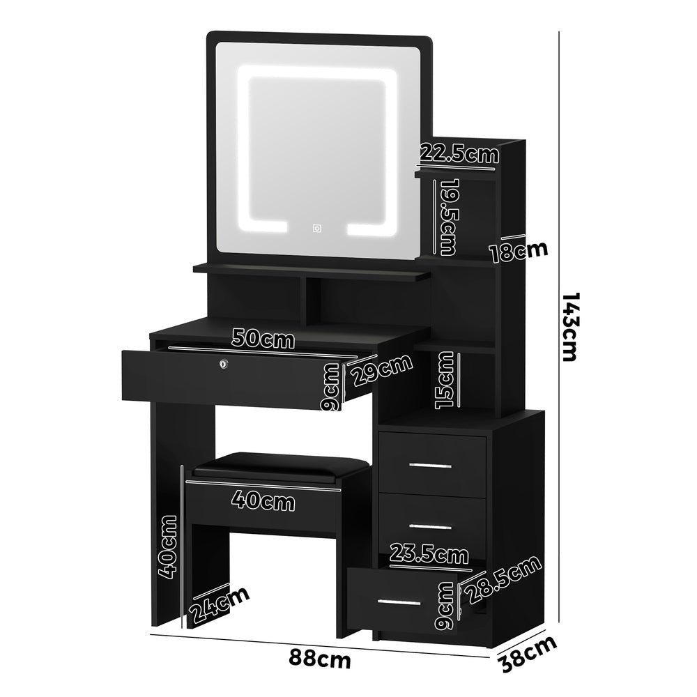 Oikiture Dressing Table Stool Set Makeup Mirror LED Light Storage Cabinet Black-Dressing Table-PEROZ Accessories