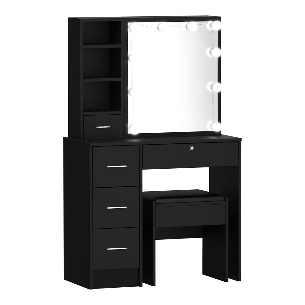 Oikiture Dressing Table Stool Set Makeup Slide Mirror Drawer 10 LED Bulbs Black-Dressing Table-PEROZ Accessories