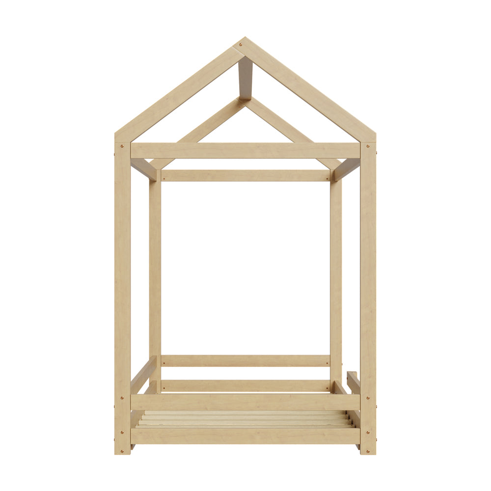 Oikiture Kids Wooden Bed Frame House Frame Timber with Fence Single Natural-Wooden Bed Frames-PEROZ Accessories