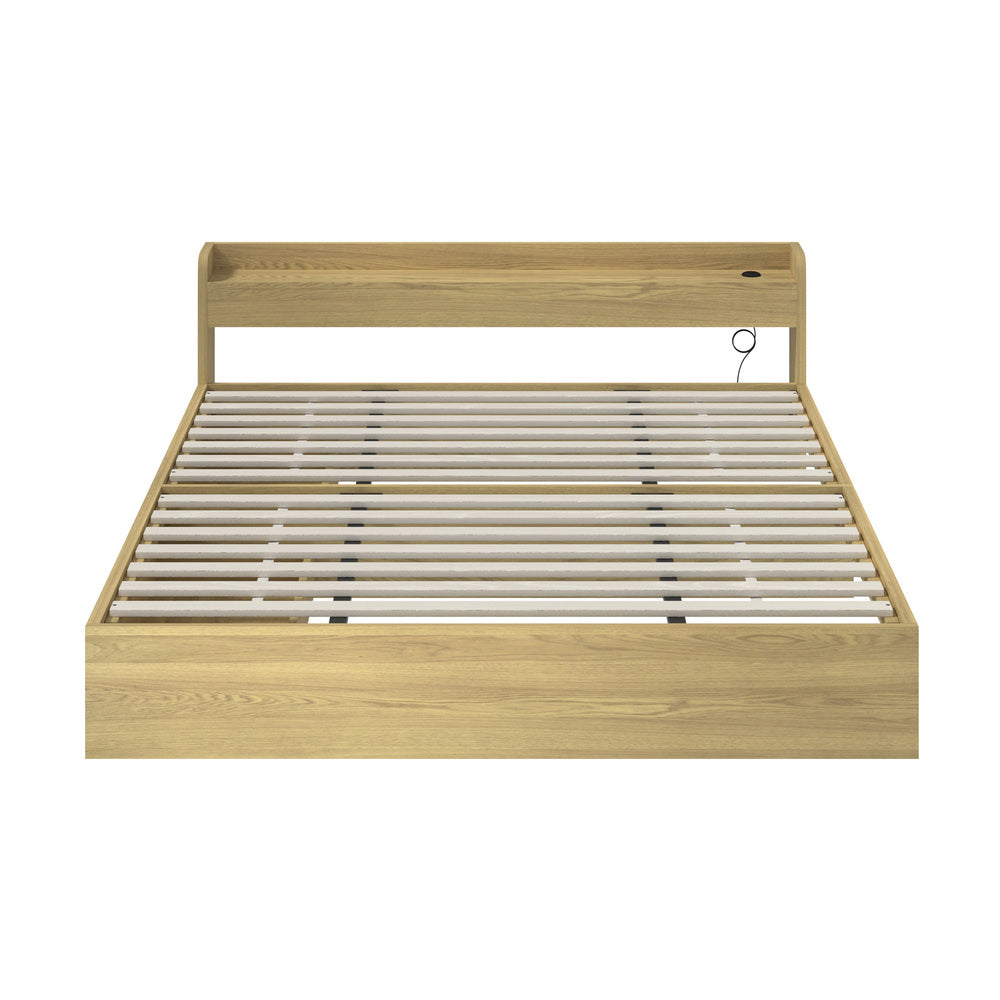 Oikiture King Bed Frame with Charging Ports 2 Drawers Natural-Bed Frame-PEROZ Accessories
