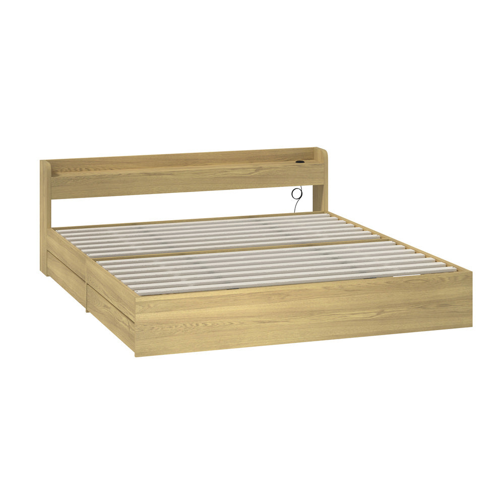 Oikiture King Bed Frame with Charging Ports 2 Drawers Natural-Bed Frame-PEROZ Accessories