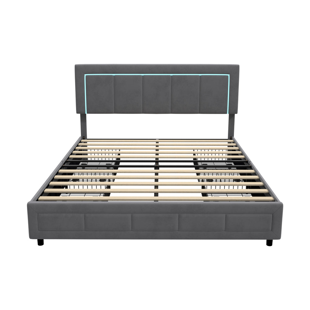 Oikiture LED Bed Frame Double Size 4 Drawers Adjustable Head Velvet-Bed Frame-PEROZ Accessories