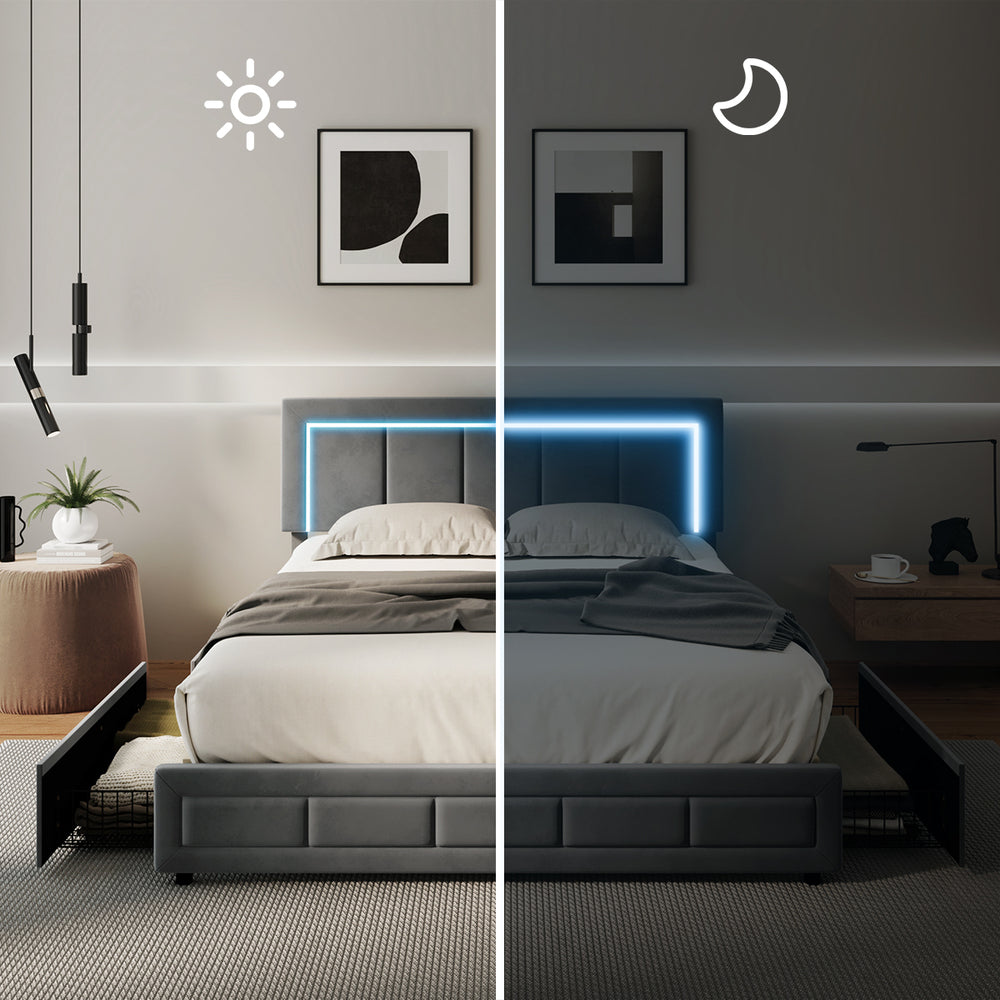 Oikiture LED Bed Frame Double Size 4 Drawers Adjustable Head Velvet-Bed Frame-PEROZ Accessories
