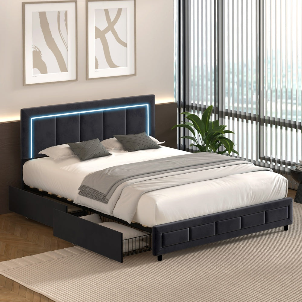 Oikiture LED Bed Frame Queen Size 4 Drawers Adjustable Headboard Black-Bed Frame-PEROZ Accessories