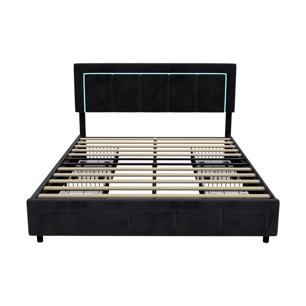 Oikiture LED Bed Frame Queen Size 4 Drawers Adjustable Headboard Black-Bed Frame-PEROZ Accessories