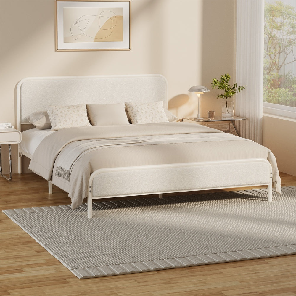 Oikiture Metal Bed Frame Double Size Bedhead Boucle Fabric Beige-Metal Bed Frame-PEROZ Accessories