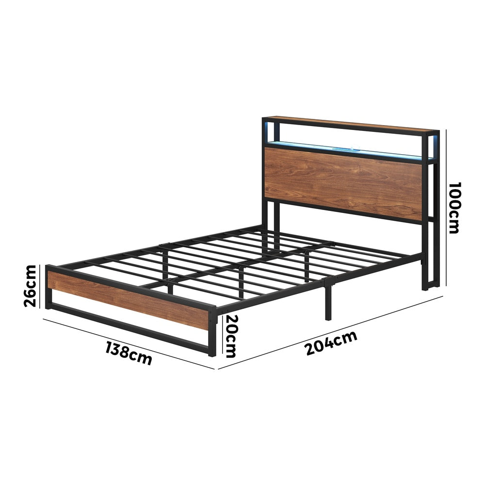 Oikiture Metal Bed Frame Double Size LED Storage Headboard USB Charge-Metal Bed Frame-PEROZ Accessories
