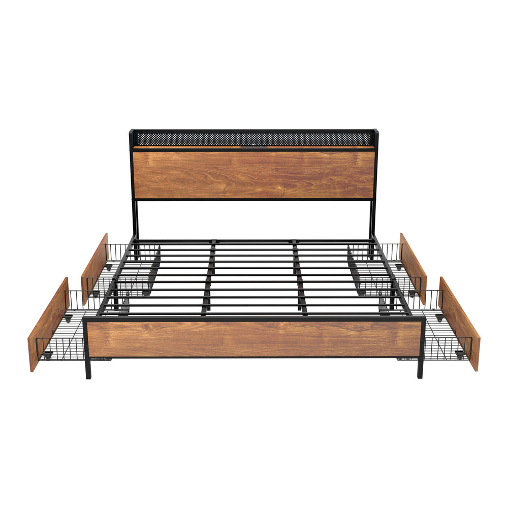 Oikiture Metal Bed Frame King Size LED Headboard 4 Storage Drawers USB-Metal Bed Frame-PEROZ Accessories