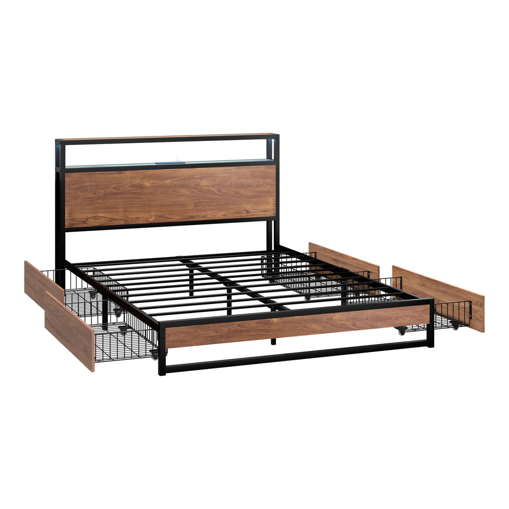 Oikiture Metal Bed Frame Queen LED Storage Headboard USB Charging & 4 Drawers-Metal Bed Frame-PEROZ Accessories