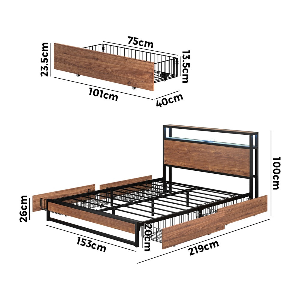 Oikiture Metal Bed Frame Queen LED Storage Headboard USB Charging & 4 Drawers-Metal Bed Frame-PEROZ Accessories