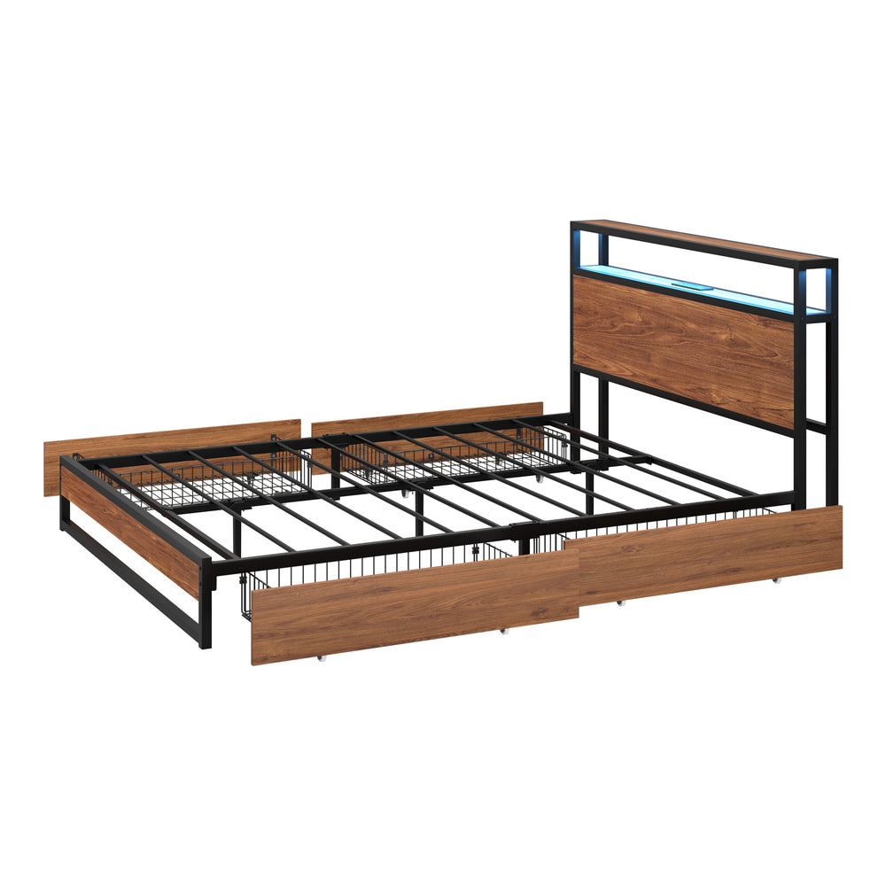 Oikiture Metal Bed Frame Queen LED Storage Headboard USB Charging & 4 Drawers-Metal Bed Frame-PEROZ Accessories
