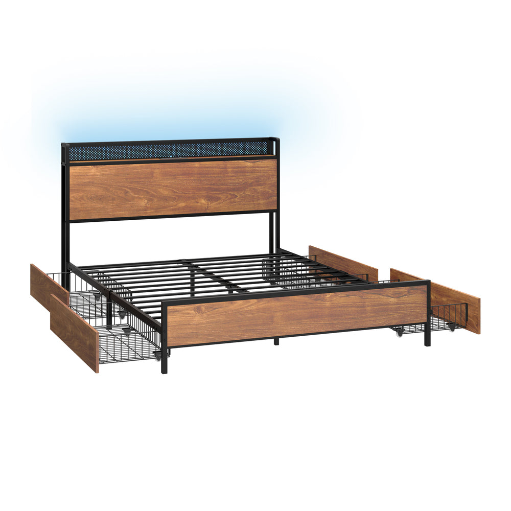 Oikiture Metal Bed Frame Queen Size LED Headboard 4 Storage Drawers USB-Metal Bed Frame-PEROZ Accessories