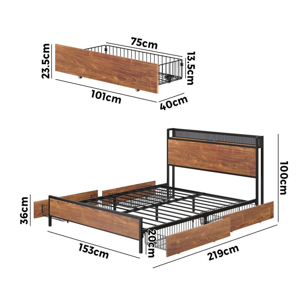 Oikiture Metal Bed Frame Queen Size LED Headboard 4 Storage Drawers USB-Metal Bed Frame-PEROZ Accessories