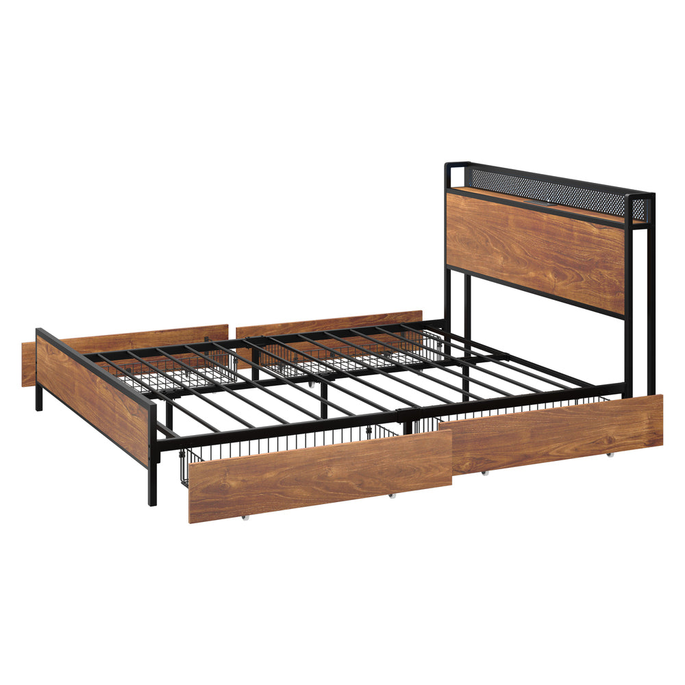 Oikiture Metal Bed Frame Queen Size LED Headboard 4 Storage Drawers USB-Metal Bed Frame-PEROZ Accessories