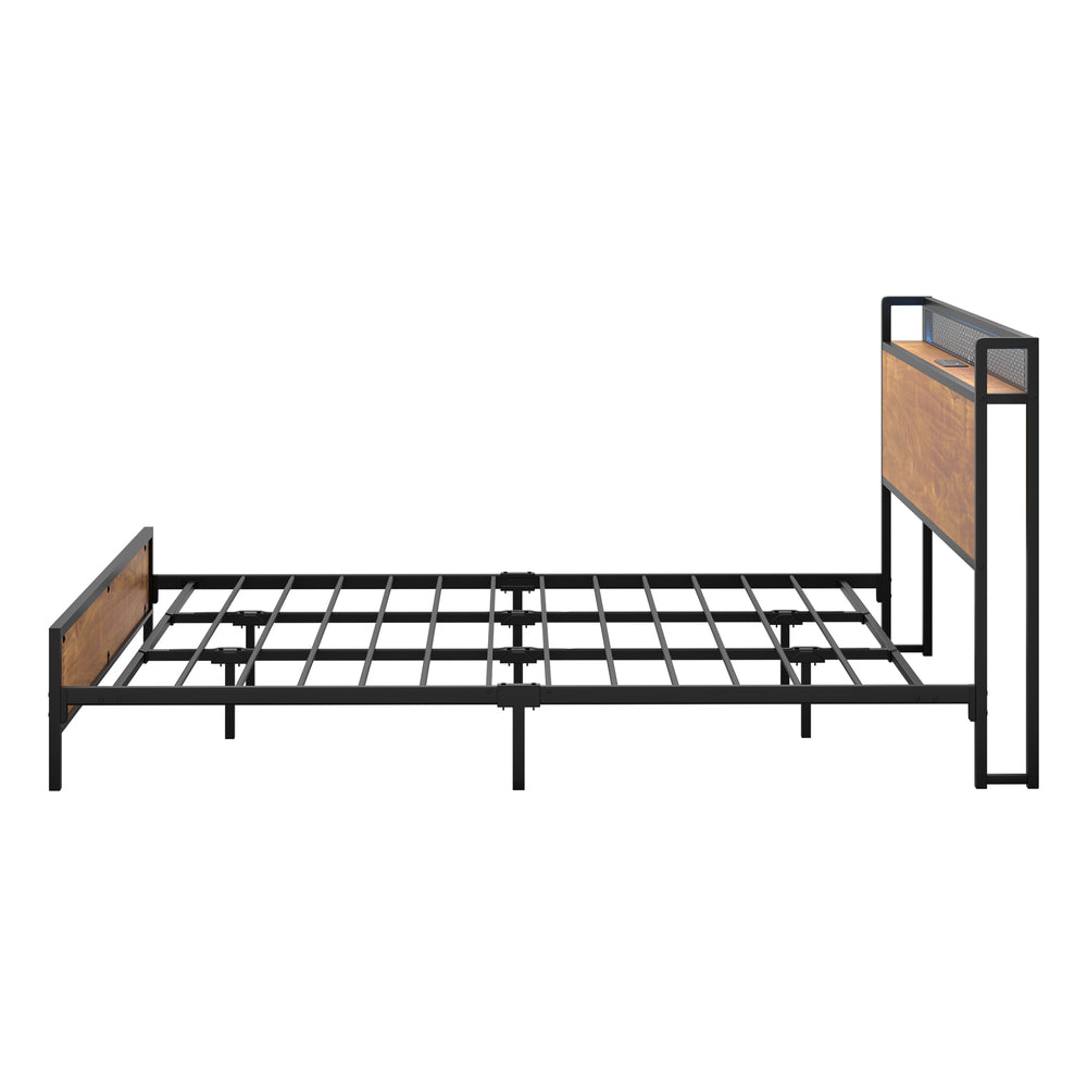 Oikiture Metal Bed Frame Queen Size LED USB Charge Storage Headboard-Metal Bed Frame-PEROZ Accessories