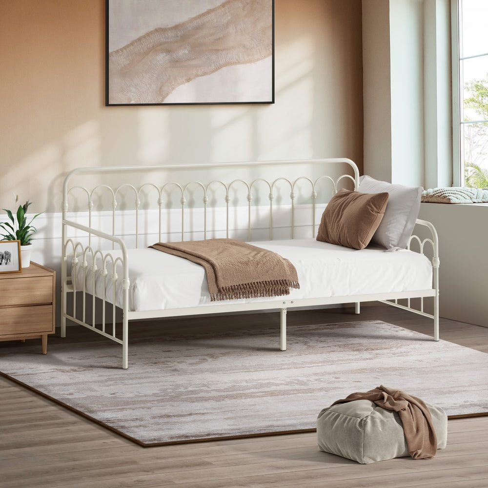 Oikiture Metal Daybed Frame Single Size Sofa Bed Steel Slat Beige-Metal Bed Frame-PEROZ Accessories