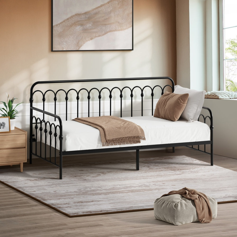 Oikiture Metal Daybed Frame Single Size Sofa Bed Steel Slat Black-Metal Bed Frame-PEROZ Accessories