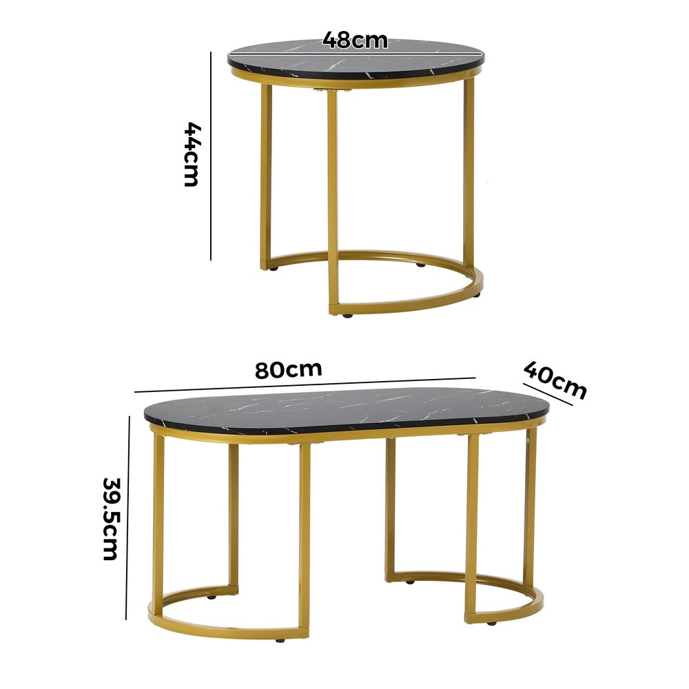 Oikiture Nesting Coffee Table Set of 2 Marble Effect Gold Black-Coffee Table-PEROZ Accessories